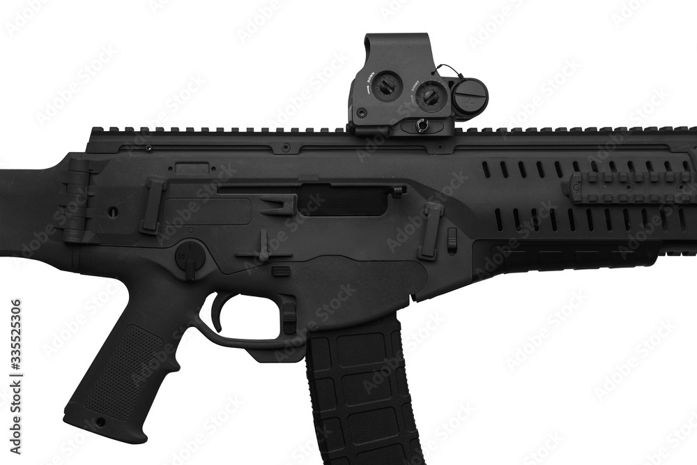 Modern automatic carbine with collimator sight isolate on white background. Weapons for the army, police and special forces.