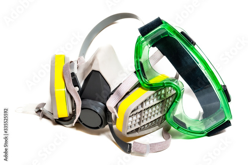 Protection Mask with Glasses against dust and corona viruses placed on a white background.