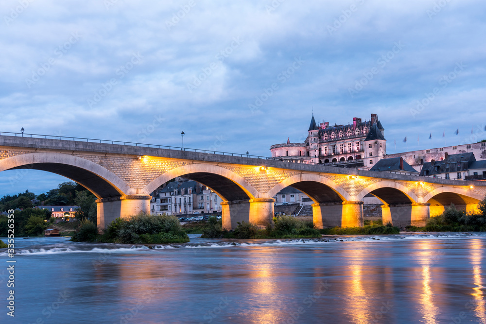 Amboise city on the Loire river with its castle on a summer night. (France)