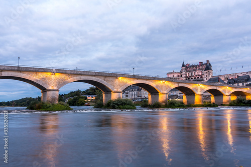 Amboise city on the Loire river with its castle on a summer night. (France)