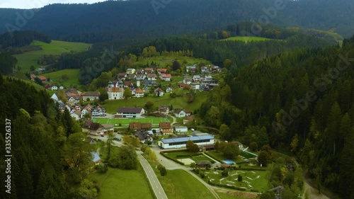 Aerial view of the village Schapbach in Germany on a cloudy day in autumn, fall.  photo