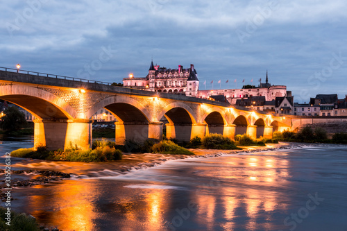 Amboise city on the Loire river with its castle on a summer night. (France)