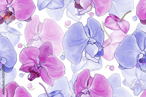 Floral seamless pattern with delicate pastel orchid flowers on white. Pink and purple background.Hand drawn. Tropical plants for textile, print, wallpapers, wrapping paper. Vector stock illustration.