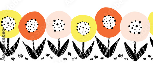 Seamless flower vector border. Cute florals Scandinavian flat style repeating pattern. Botanical minimalistic doodle flowers pink orange yellow black on white in a horizontal row. For card decor