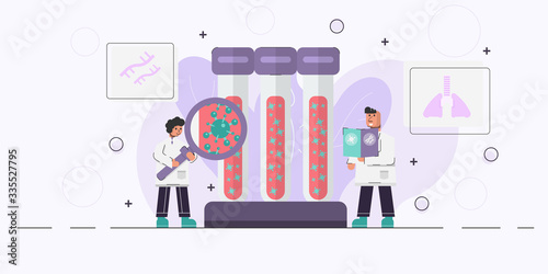 Medical scientists study coronavirus structure from blood sample and the other one hold magnifying glass and examine virus. Concept health science character design.