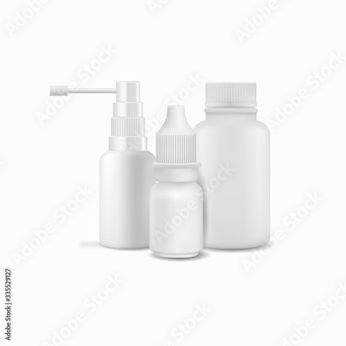 Set of medical packaging isolated on white background. Container for tablets, spray bottle and dropper bottle. Vector Mockup of clean pack for medicament.