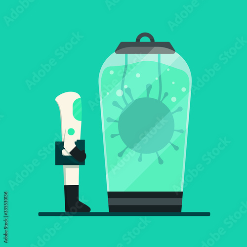 Research the Covid-19 to find and create drug and vaccine to help the patient covid-19 infected. Flat vector illustration inside laboratory 