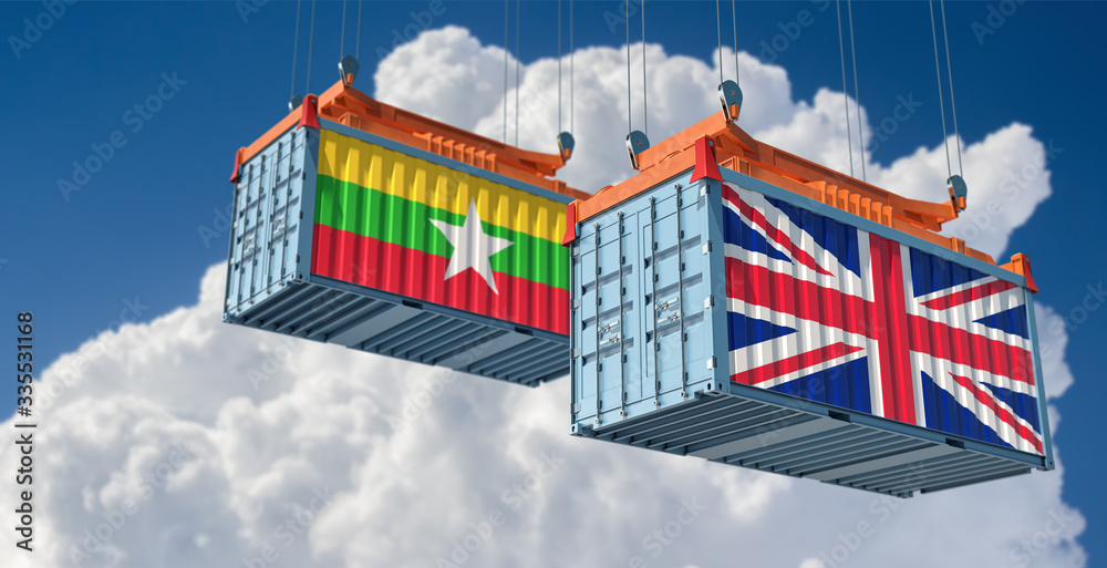 Shipping containers with Myanmar and United Kingdom flag. 3D Rendering 