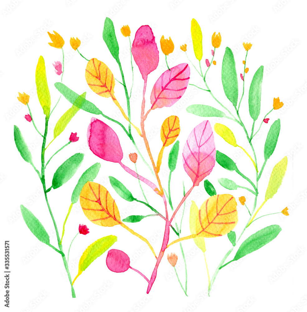 Hand painting green, yellow and pink floral watercolor illustration. Colorful tropical leaves izolated on white background.