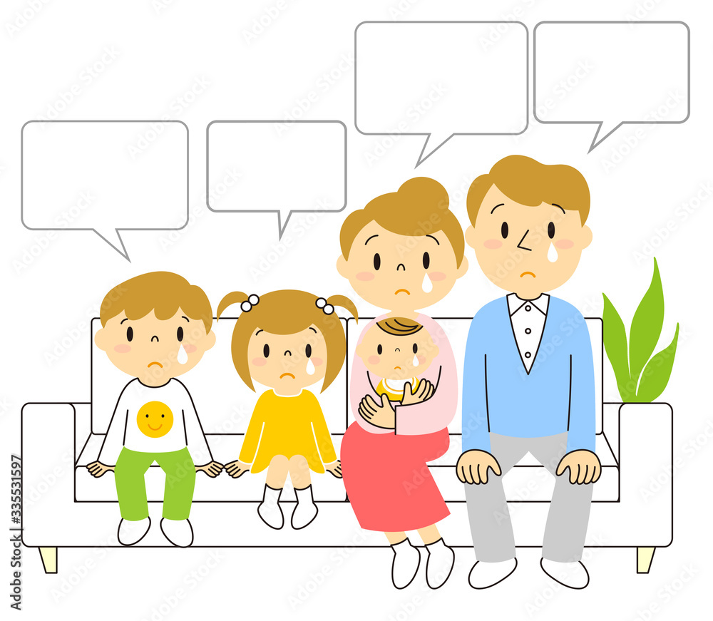 ソファーで泣いている5人家族 イラスト