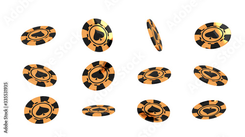 Golden and black color of casino chips selection on white background for graphic resource