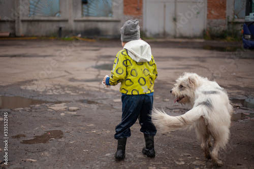 A child runsA child runs through the puddles with a dog.  photo