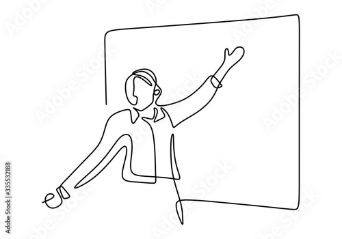 Continuous single drawn one line of person presentation standing to teaching, coaching, and presenting. People writing on the board to explain something. Flat line vector illustration