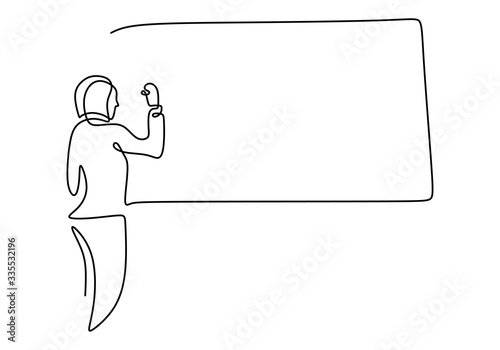 Person writing on blank board to explain something. Continuous line drawing. Vector illustration.