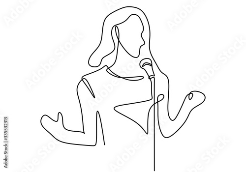 A singer perform with her song. Entertain audience with her voice. Singing romantic song. Musician artist performance concept single line draw design illustration. Vector