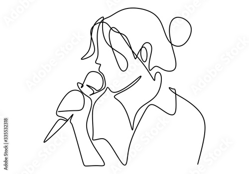 A girl is singing with the microphone in the hand. Happy with music. Love music very much. Singer performance concept single line. Vector illustration