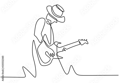Continuous one line drawing of a man with acoustic guitar playing good sound. Perform to entertain the audience. Enjoy with music. Performer concept continuous one line drawing. Vector illustration
