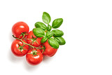 Tomato cherry, basil, spices, pepper. Fresh organic tomatoes, isolated on white. Vegan veggies diet food. Basil, herb, cherry tomatoes, cooking concept, top view.