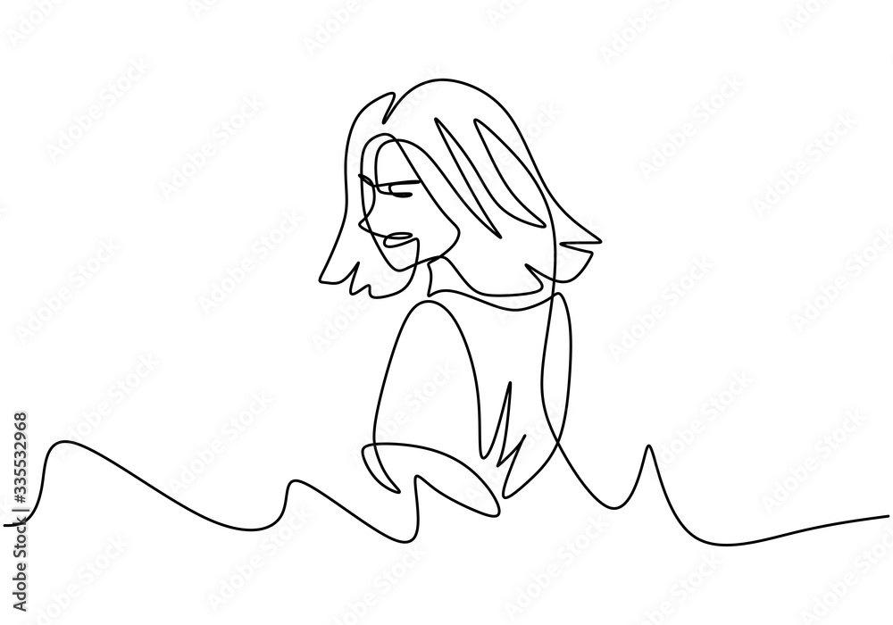 Fototapeta One continuous single drawn line of beautiful woman. Gorgeous hair. Giving little smile. Sweet and charming face
