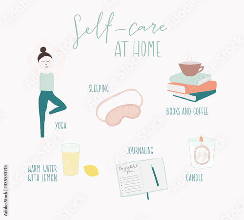 self care, stay at home, journaling, yoga, coffee, girl, candle, books, journal, water with lemon, sleep, gratitude, subtle, draw, icon, set, design, illustration