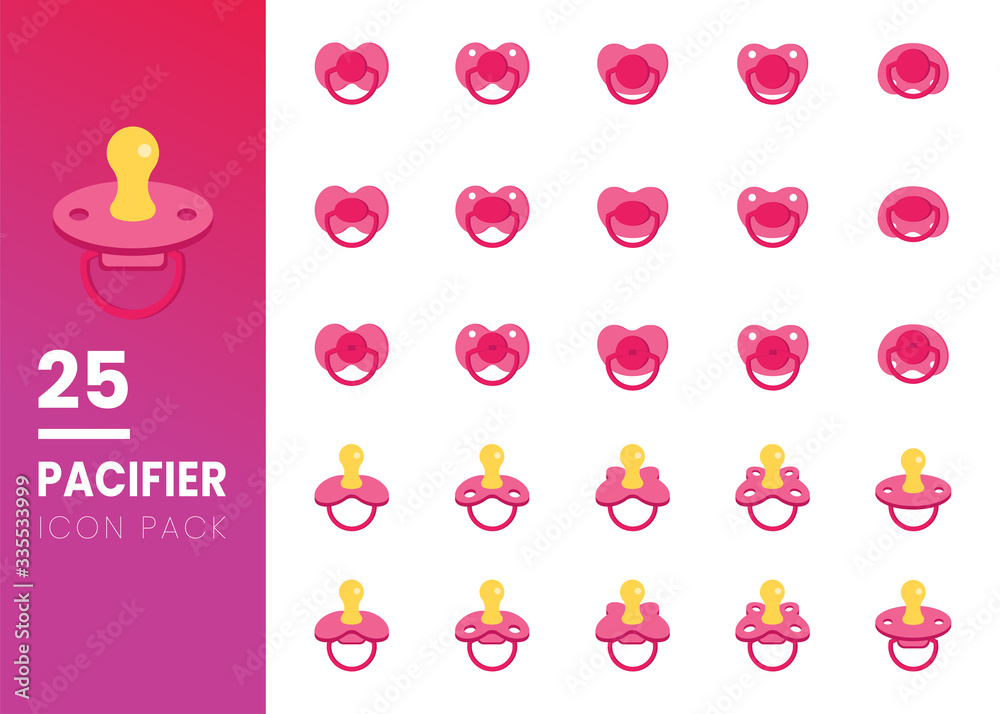 Set of Pink pacifier baby dummy care nipple newborn child icon flat suitable for web. Isolated on white background. Vector illustration
