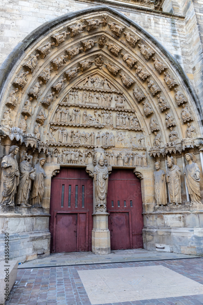 View at portal of cathedral Notre Dame in Reims