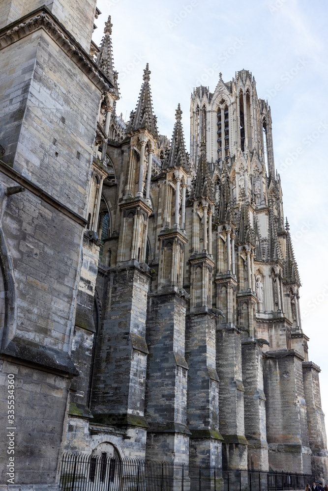 Low angle view at a part of cathedral Notre Dame in Reims, France