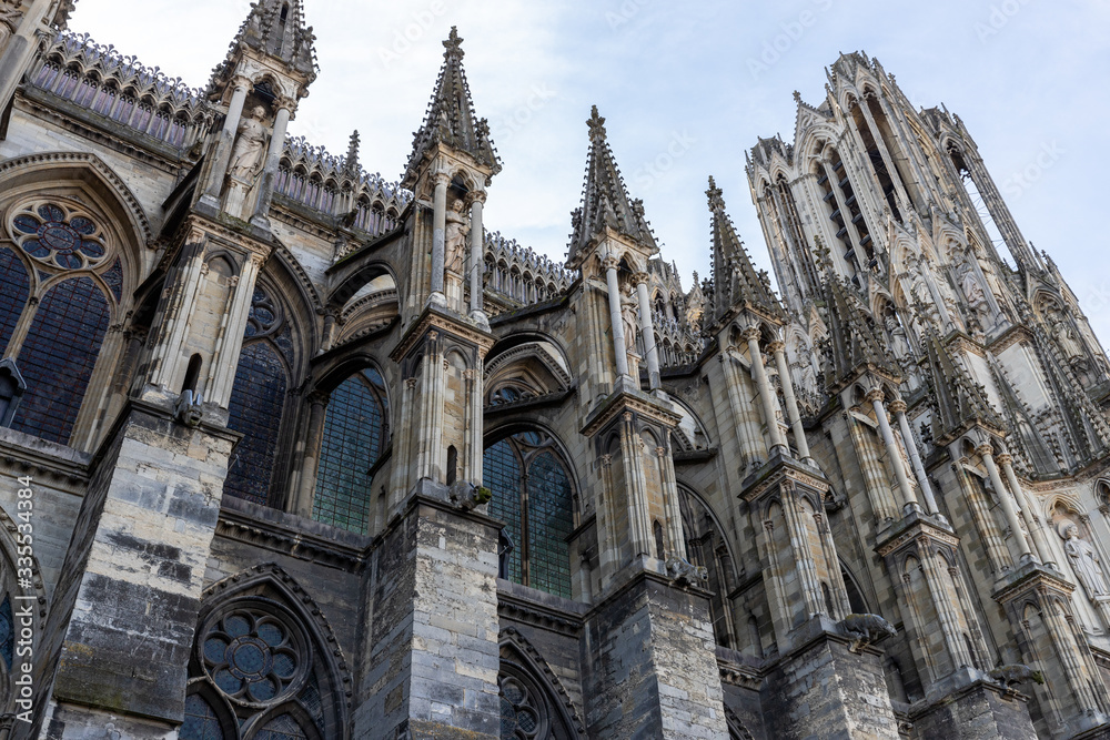 Low angle view at a part of cathedral Notre Dame in Reims, France