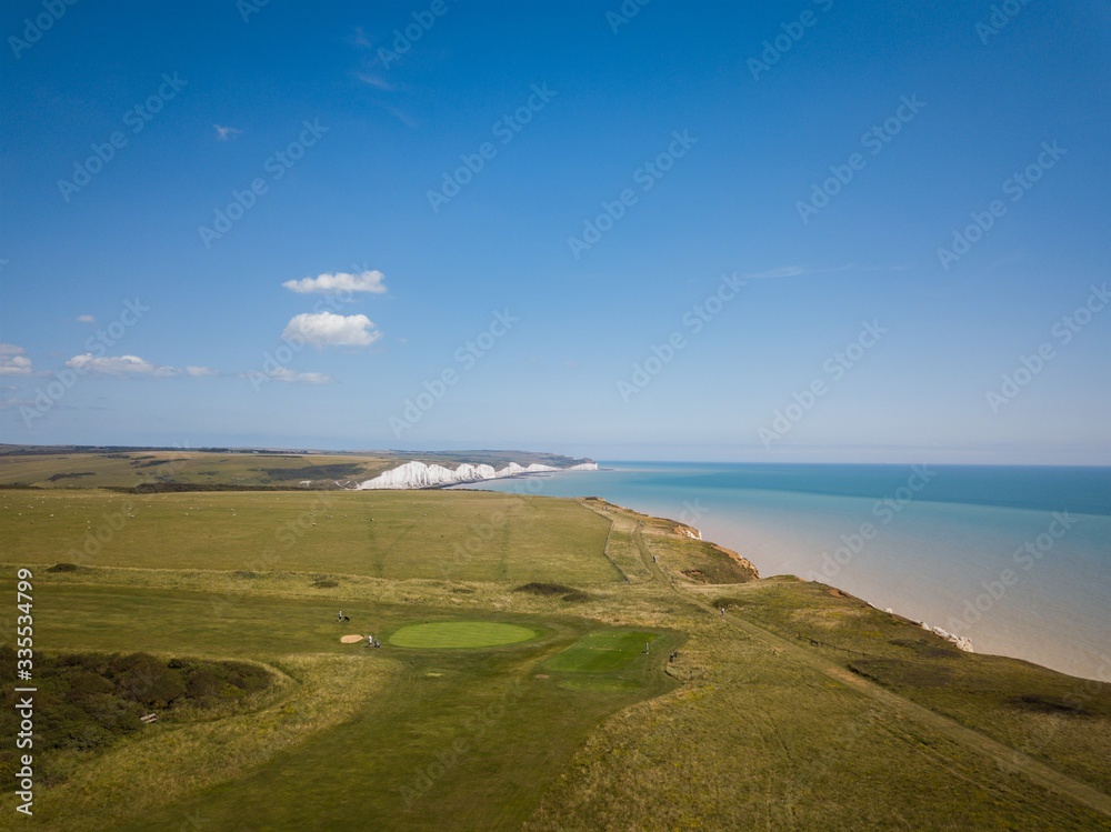 Aerial view of Seven Sisters Cliffs and Golf Course, East Sussex, England Aerial view of Seven Sisters Cliffs and Golf Course, East Sussex, England
