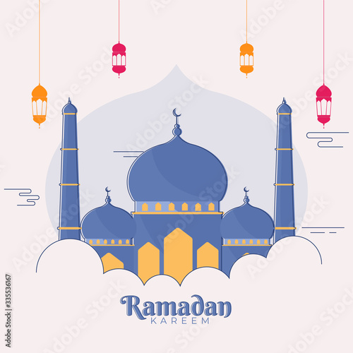 Islamic Holy Month of Ramadan Kareem concept with hanging colorful lanterns, and mosque on white background.