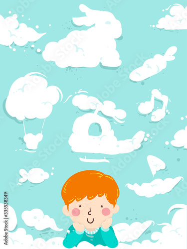 Kid Boy Imagine Clouds Illu...