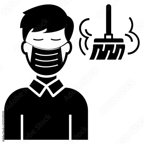 Man wearing disposable Nontoxic  face mask and with broom dust garbadge concept Vector Icon Design, Cornavirus and Dust allergy Prevention on white background, Sweeper Profesion Symbol