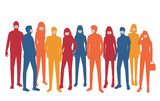 Set of vector silhouettes of  men and a women, a group of standing  business people in medical masks for protection from coronavirus, different colors isolated on white background