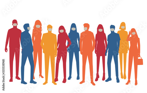 Set of vector silhouettes of  men and a women, a group of standing  business people in medical masks for protection from coronavirus, different colors isolated on white background