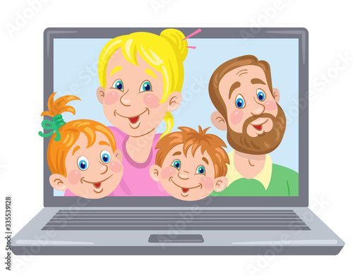 Cute funny family with two children on a laptop screen. Video chat online. Internet communication during quarantine. In cartoon style. Vector illustration