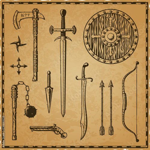 Vector set of medieval and renaissance weapons (axe, sword, dagger, scimitar, shurikens, flail, flintlock pistol, bow and arrows, wood shield with iron edge and center) in an oldschool fantasy ink sty