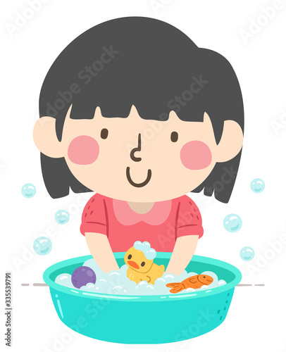 Kid Girl Washing Toys Illus...