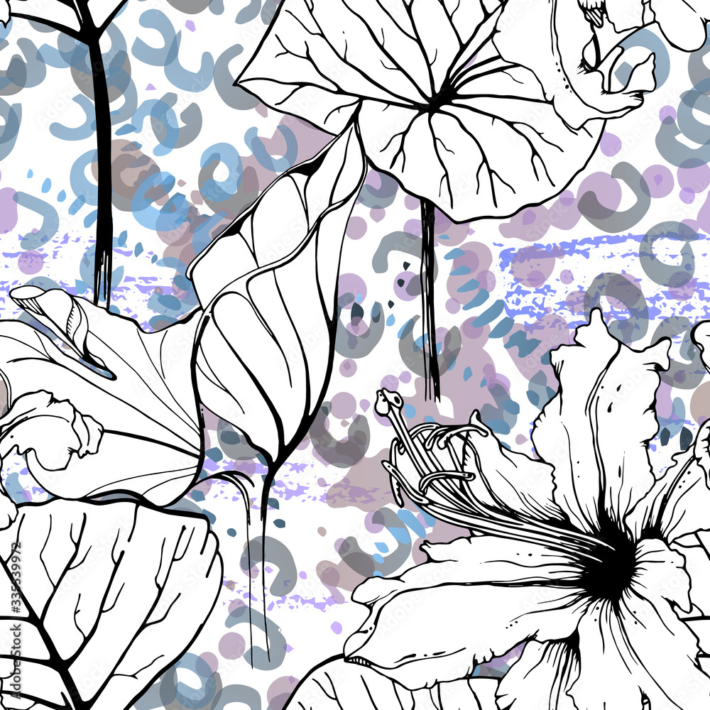 Fototapeta premium Floral Black White Pattern. Modern Watercolor