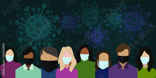 Group of people wearing medical masks to prevent disease, flu, air pollution, contaminated air, world pollution. Stock vector illustration in a flat style. Wuhan Novel coronavirus (2019-nCoV).Concept 