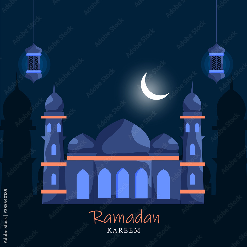 Islamic Holy Month of Ramadan Concept with Hanging Lanterns, Mosque on Cresent Moon Light Blue Background.