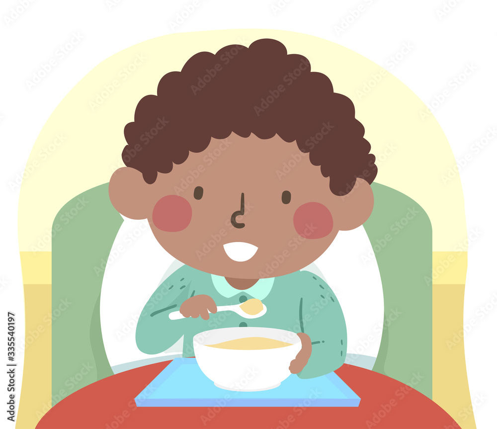 Kid Boy Sick Eat Alone Bed Illustration Kid Boy Sick Eat Alone Bed Illustration