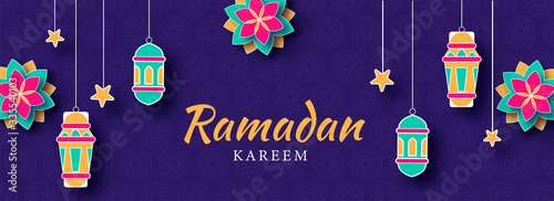 Islamic Holy Month of Ramadan Banner with Colorful Illuminating Lanterns, and Flower Patterns on Purple Textured Background.