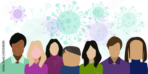 Group of people wearing medical masks to prevent disease, flu, air pollution, contaminated air, world pollution. Stock vector illustration in a flat style. Wuhan Novel coronavirus (2019-nCoV).Concept 