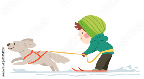 Kid Boy Skijoring Illustration