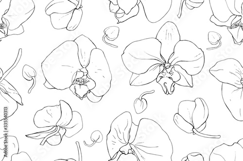 Floral seamless pattern with black contour flowers orchid on white background. Hand drawn. Outline tropical plants for design, textile, print, wallpapers, wrapping paper. Vector stock illustration.