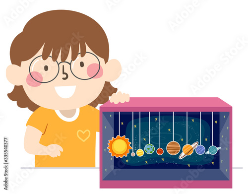 Kid Girl Solar System Diorama Illustration