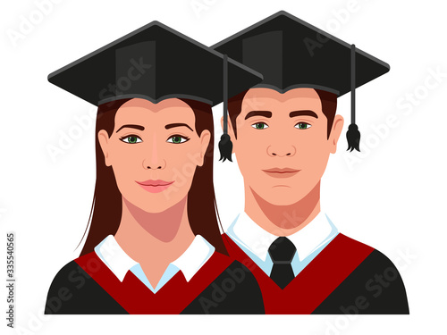 College girl and boy students, university graduates in graduation cap and gown set. Vector illustration.
