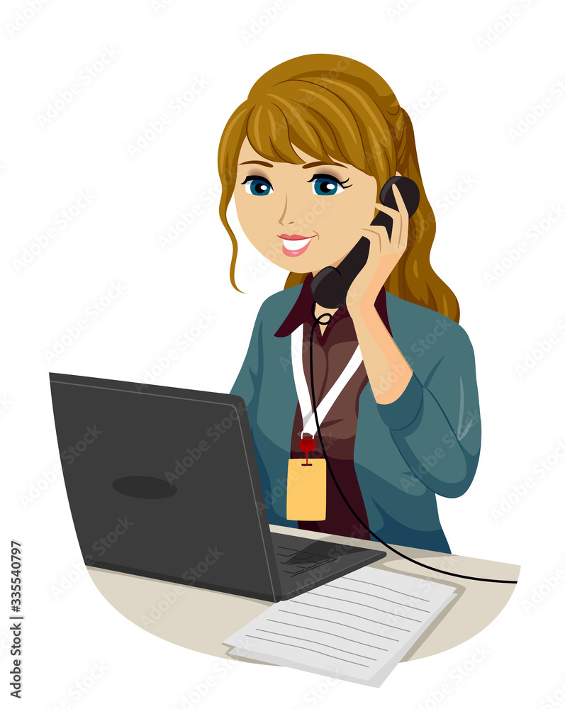 Teen Girl Intern Answer Phone Call Illustration Teen Girl Intern Answer Phone Call Illustration