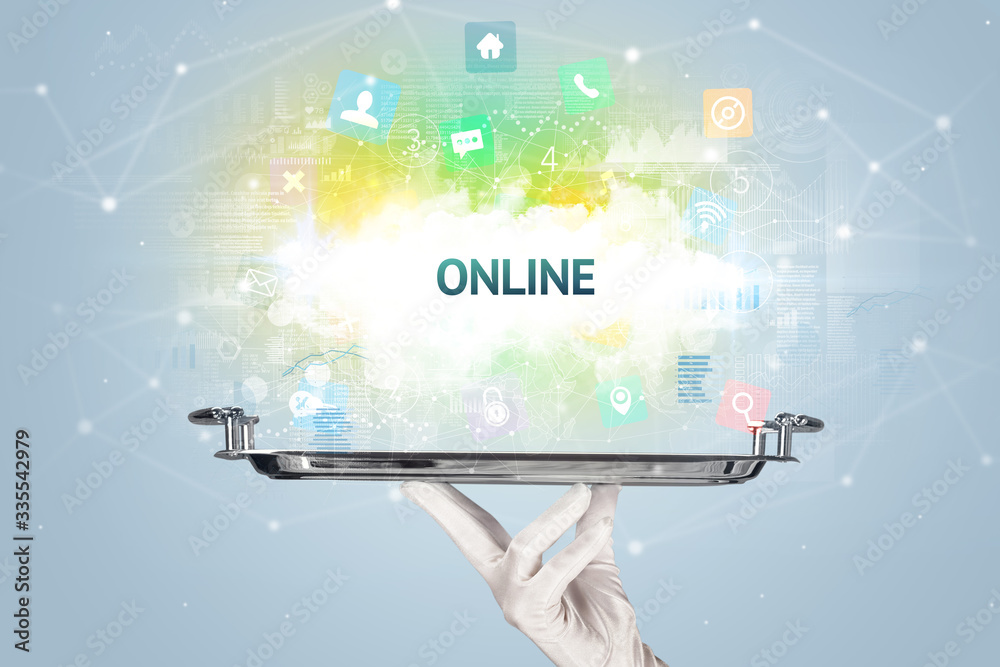 Waiter serving social networking concept with ONLINE inscription Waiter serving social networking concept with ONLINE inscription