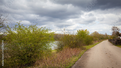 Transmission tower and Rhine river view from Floodplain nature park Meinerswijk on southbank of river Rhine in Gelderland, Netherlands photo